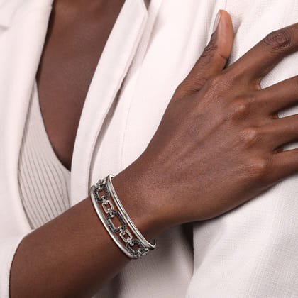 925 Sterling Silver Black Spinel Bujukan Link Chain Cuff Bracelet