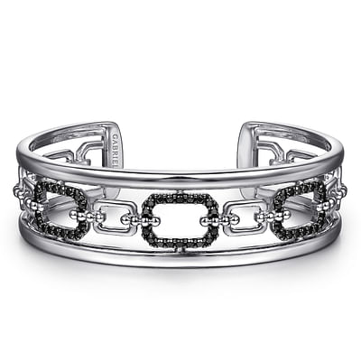 925 Sterling Silver Black Spinel Bujukan Link Chain Cuff Bracelet