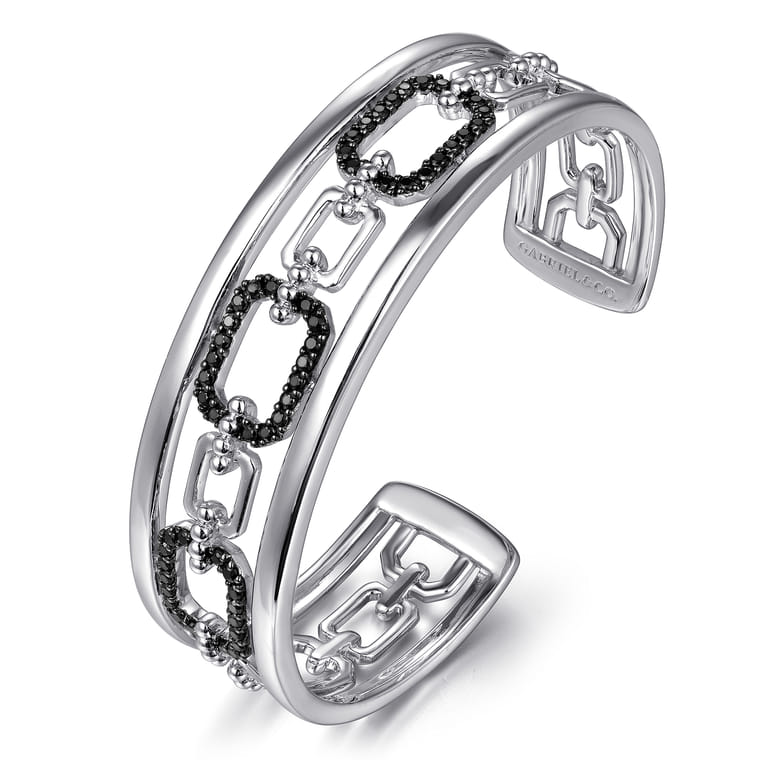 925 Sterling Silver Black Spinel Bujukan Link Chain Cuff Bracelet - Shot 2