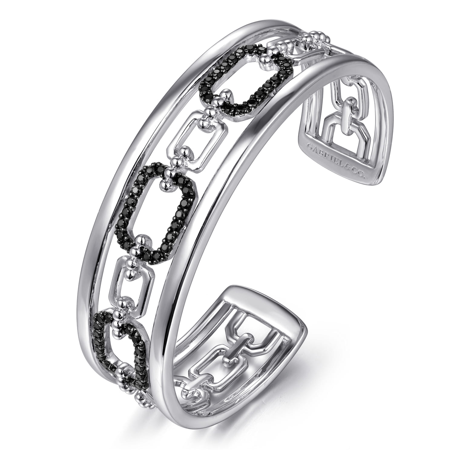 925 Sterling Silver Black Spinel Bujukan Link Chain Cuff Bracelet - Shot 2