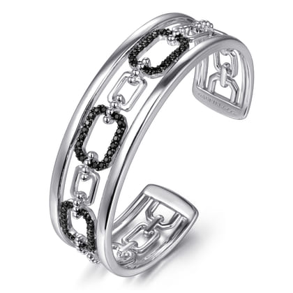 925 Sterling Silver Black Spinel Bujukan Link Chain Cuff Bracelet