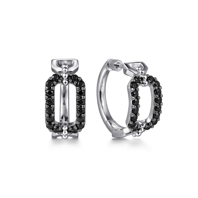925 Sterling Silver Black Spinel Bujukan Link Chain Earrings with Screw Back - Shot 1