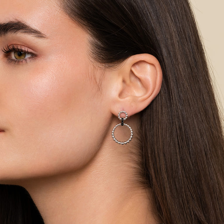 925 Sterling Silver Black Spinel Bujukan Link Drop Earrings - Shot 2