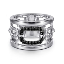 925 Sterling Silver Black Spinel Bujukan Wide Link Chain Band Ladies Ring