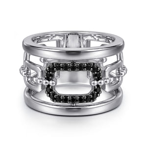 925 Sterling Silver Black Spinel Bujukan Wide Link Chain Band Ladies Ring