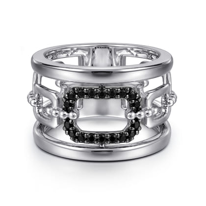 925 Sterling Silver Black Spinel Bujukan Wide Link Chain Band Ladies Ring