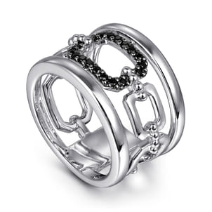 925 Sterling Silver Black Spinel Bujukan Wide Link Chain Band Ladies Ring