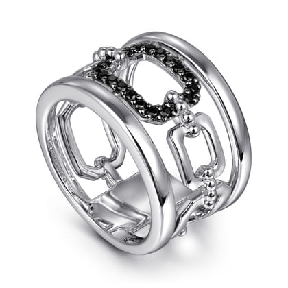 925 Sterling Silver Black Spinel Bujukan Wide Link Chain Band Ladies Ring