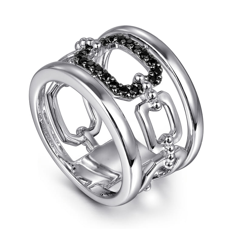 925 Sterling Silver Black Spinel Bujukan Wide Link Chain Band Ladies Ring - Shot 3
