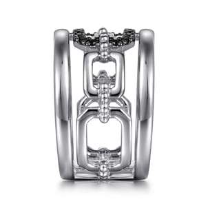 925 Sterling Silver Black Spinel Bujukan Wide Link Chain Band Ladies Ring