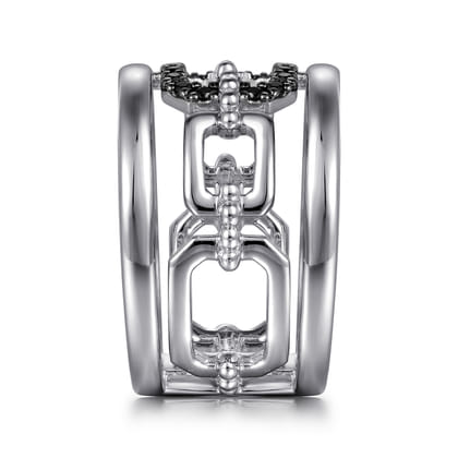 925 Sterling Silver Black Spinel Bujukan Wide Link Chain Band Ladies Ring