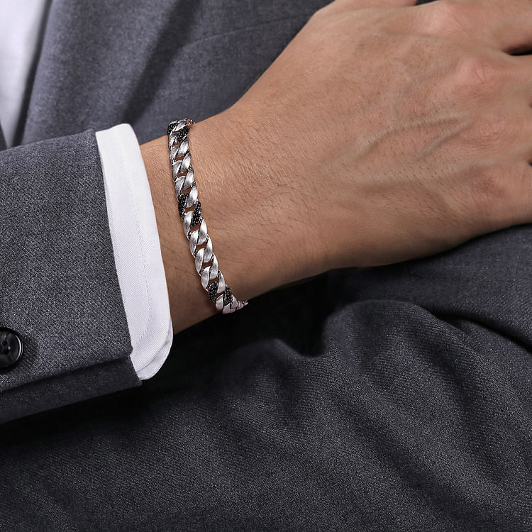 925 Sterling Silver Black Spinel Cuban Link Chain Mens Bracelet