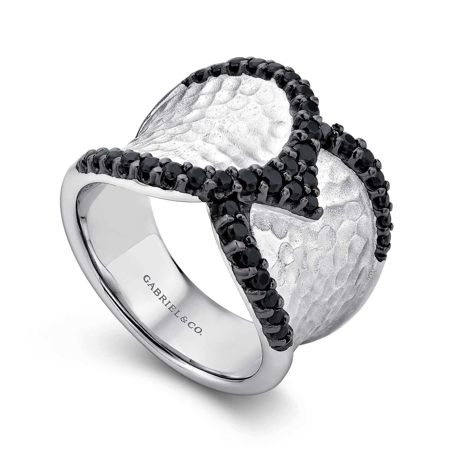 925 Sterling Silver Black Spinel Hammered Wide Band Ring - Shot 3