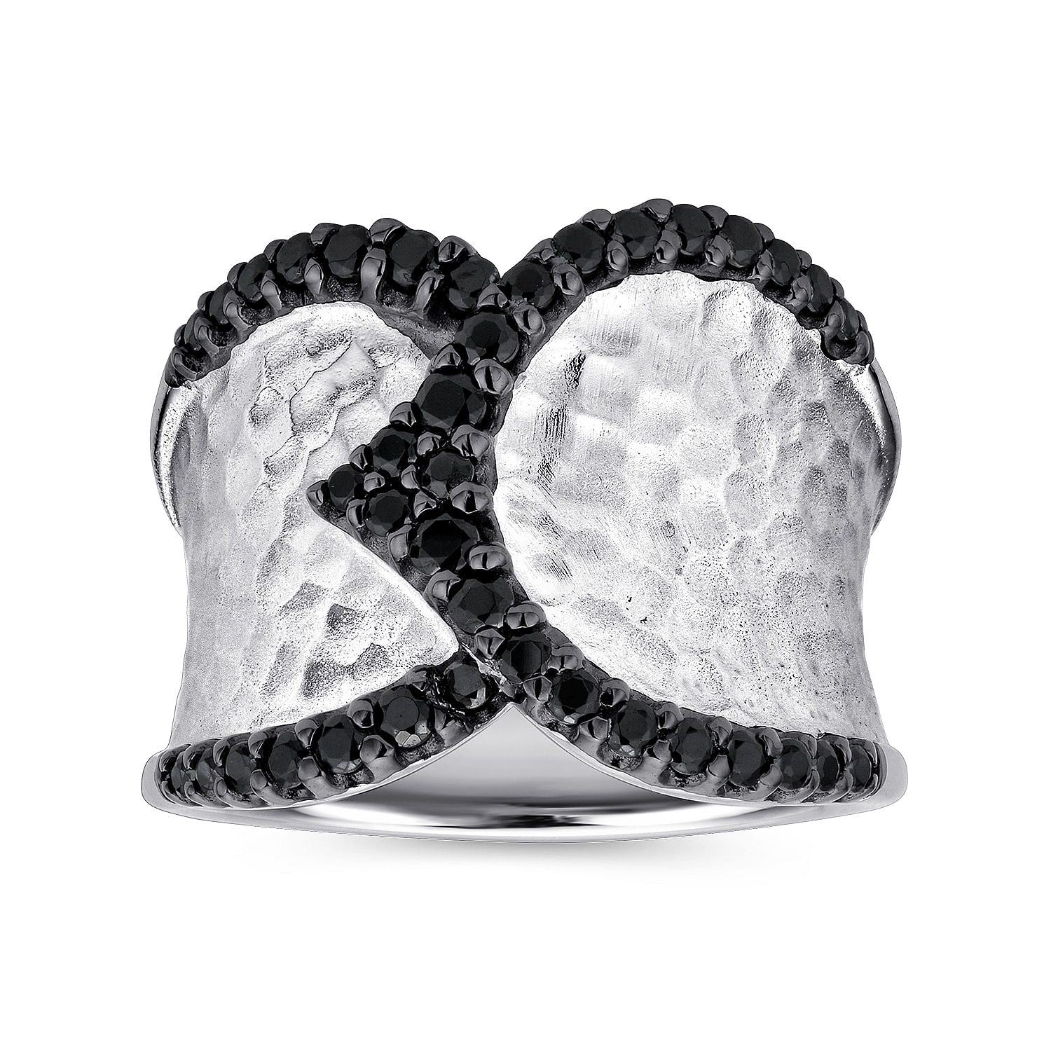 925 Sterling Silver Black Spinel Hammered Wide Band Ring - Shot 4