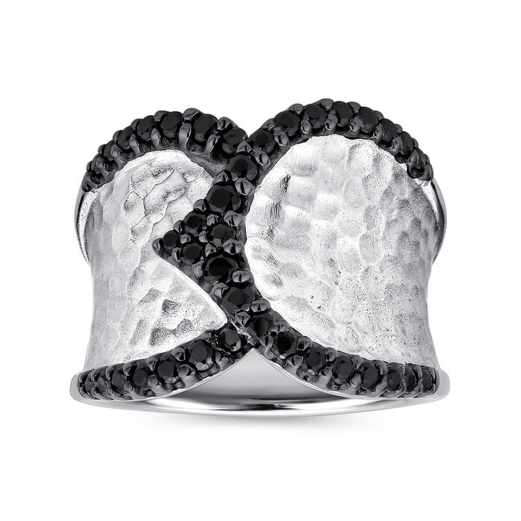 925 Sterling Silver Black Spinel Hammered Wide Band Ring