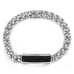 925 Sterling Silver Black Spinel Mens Cuban Link Chain with ID Bracelet