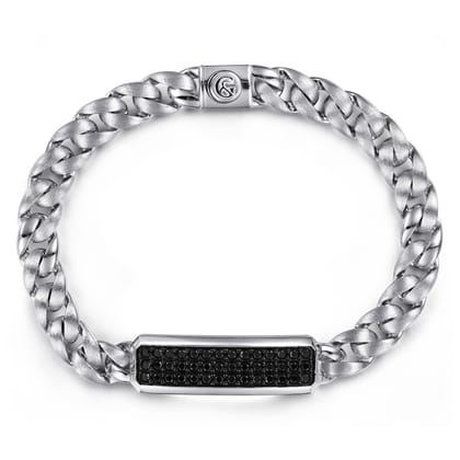 925 Sterling Silver Black Spinel Mens Cuban Link Chain with ID Bracelet