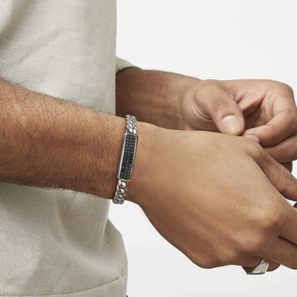 925 Sterling Silver Black Spinel Mens Cuban Link Chain with ID Bracelet