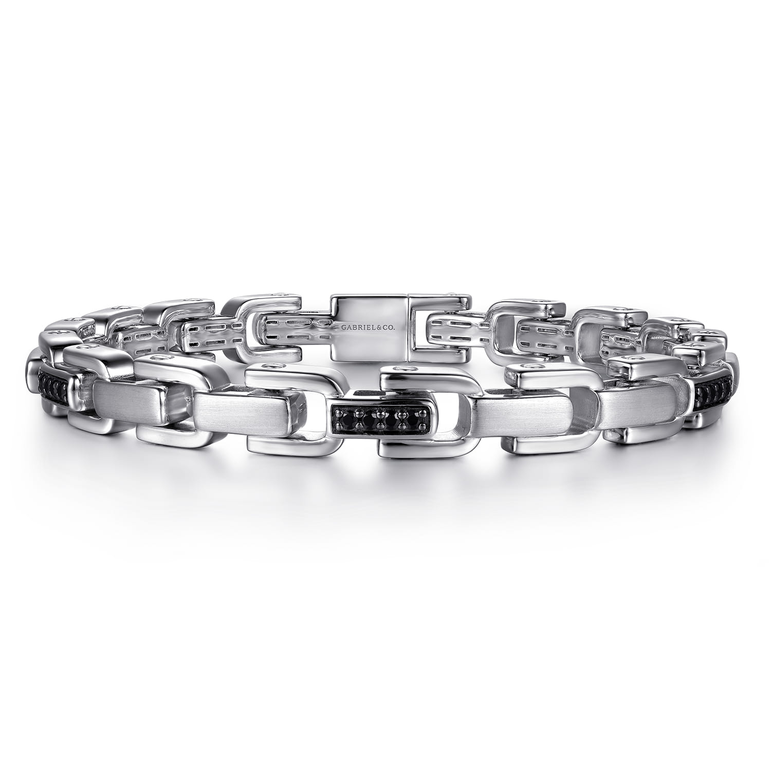 925 Sterling Silver Black Spinel Mens Cylindrical Link Chain Bracelet - Shot 1