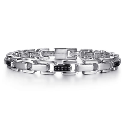 925 Sterling Silver Black Spinel Mens Cylindrical Link Chain Bracelet
