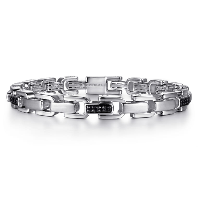 925 Sterling Silver Black Spinel Mens Cylindrical Link Chain Bracelet - Shot 1