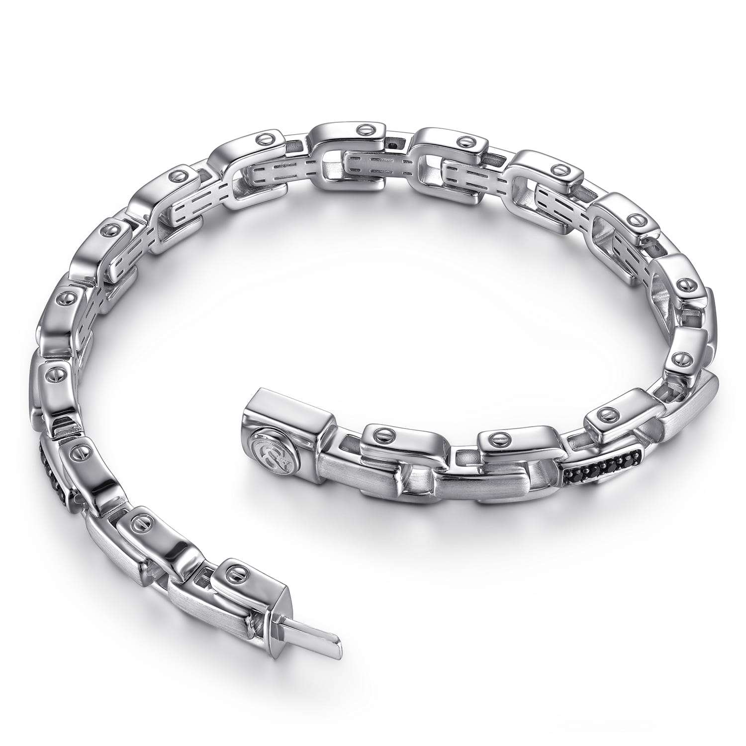 925 Sterling Silver Black Spinel Mens Cylindrical Link Chain Bracelet - Shot 3