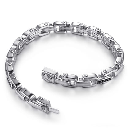 925 Sterling Silver Black Spinel Mens Cylindrical Link Chain Bracelet