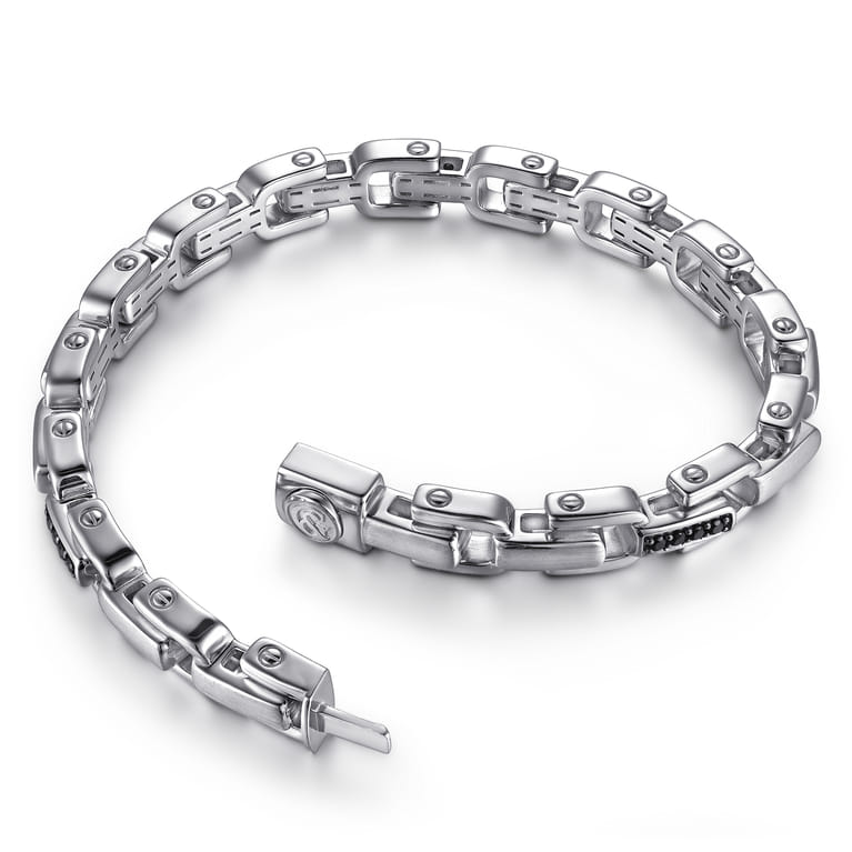 925 Sterling Silver Black Spinel Mens Cylindrical Link Chain Bracelet - Shot 3