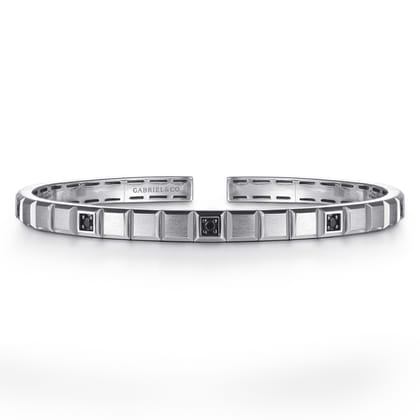 925 Sterling Silver Black Spinel Open Cuff Angular Cuts Square Bangle