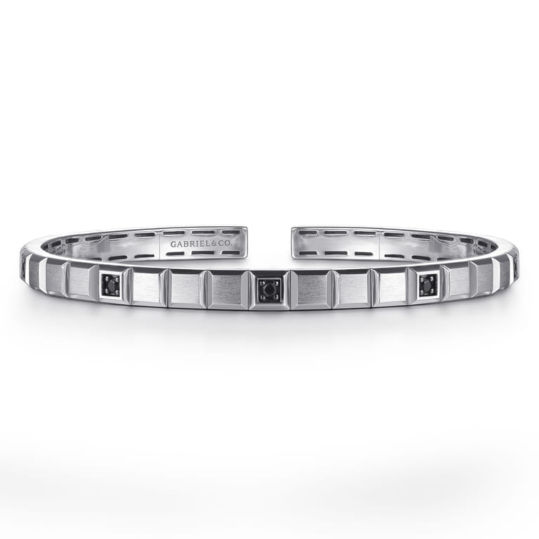 925 Sterling Silver Black Spinel Open Cuff Angular Cuts Square Bangle - Shot 1