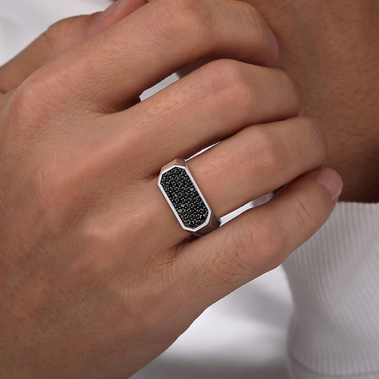 925 Sterling Silver Black Spinel Pave Men's Ring in High Polish Finish
