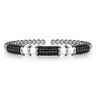 925 Sterling Silver Black Spinel Station Bujukan Bangle Bracelet With White Enamel