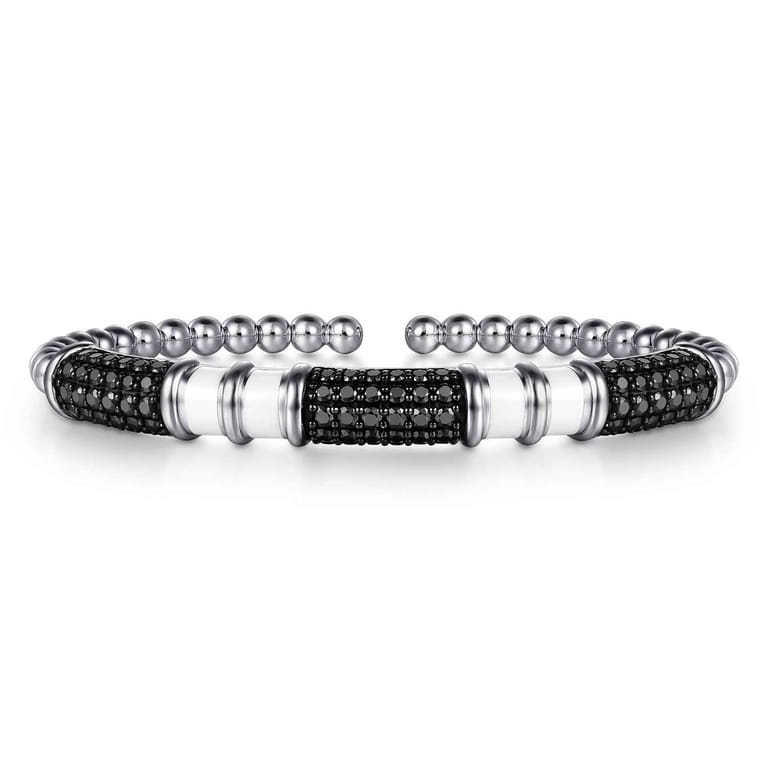 925 Sterling Silver Black Spinel Station Bujukan Bangle Bracelet With White Enamel - Shot 1