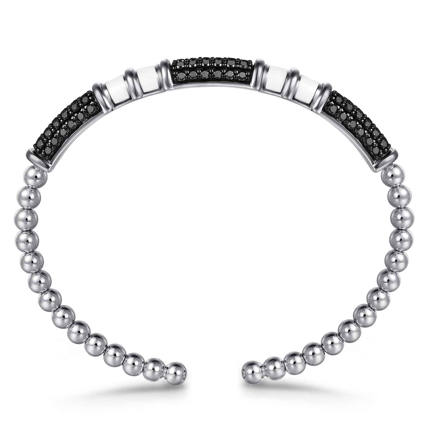 925 Sterling Silver Black Spinel Station Bujukan Bangle Bracelet With White Enamel - Shot 3