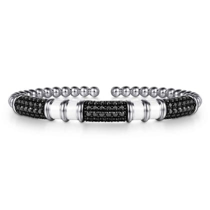 925 Sterling Silver Black Spinel Station Bujukan Bangle Bracelet with White Enamel
