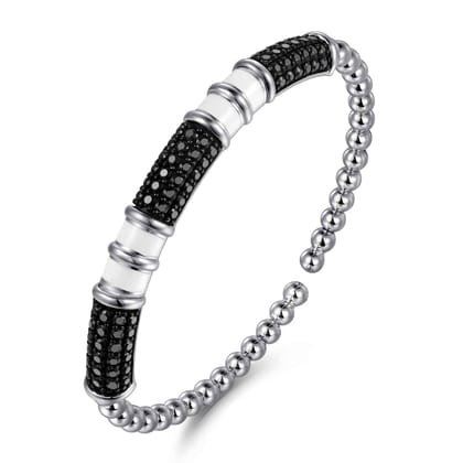 925 Sterling Silver Black Spinel Station Bujukan Bangle Bracelet with White Enamel