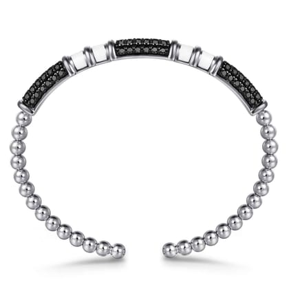 925 Sterling Silver Black Spinel Station Bujukan Bangle Bracelet with White Enamel
