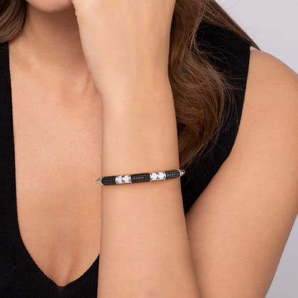 925 Sterling Silver Black Spinel Station Bujukan Bangle Bracelet with White Enamel