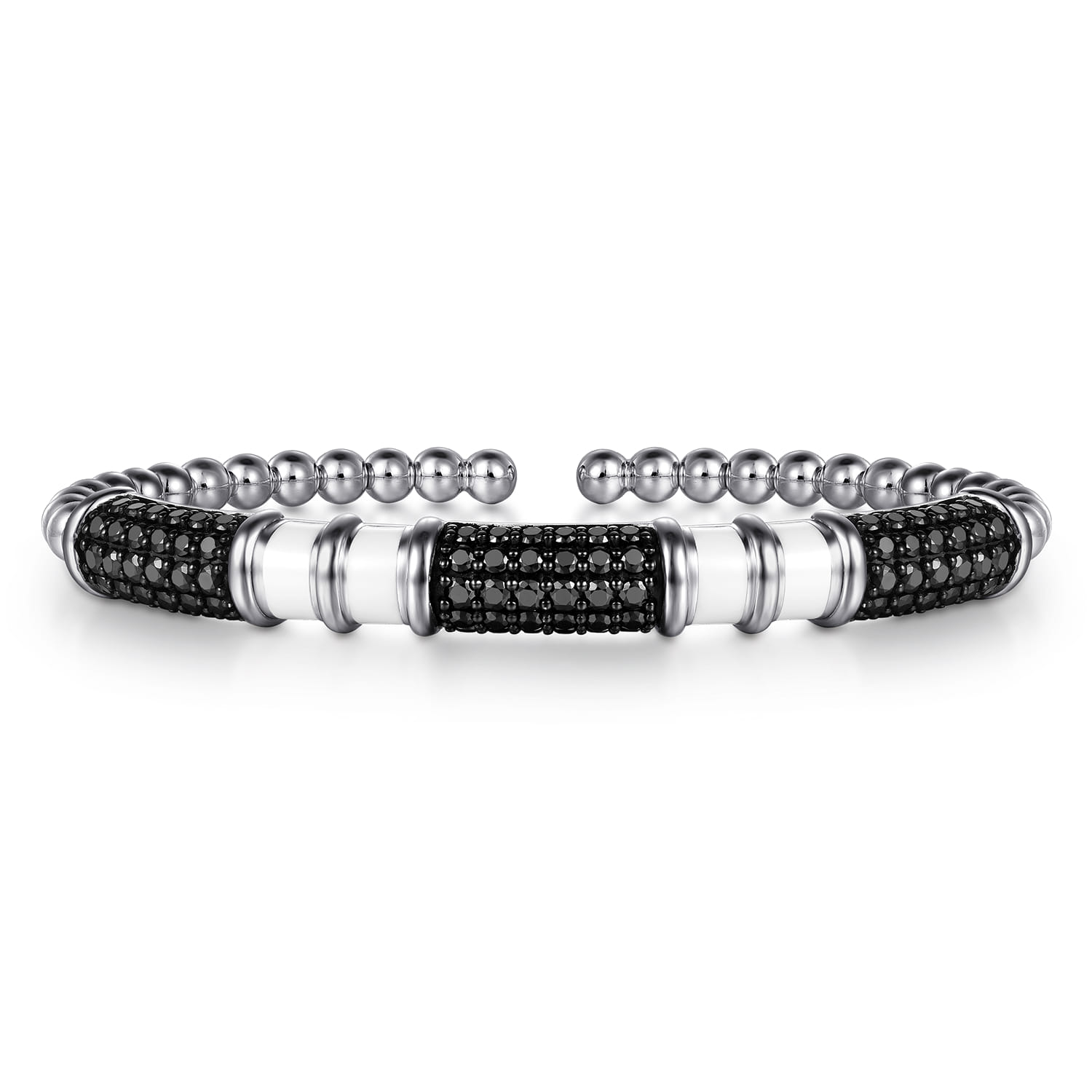 925 Sterling Silver Black Spinel Station Bujukan Open Bangle Bracelet with White Enamel - Shot 1