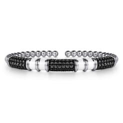 925 Sterling Silver Black Spinel Station Bujukan Open Bangle Bracelet with White Enamel