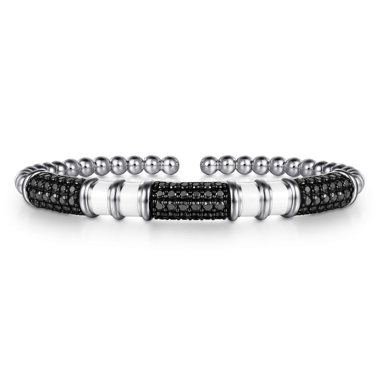 925 Sterling Silver Black Spinel Station Bujukan Open Bangle Bracelet with White Enamel - Shot 1