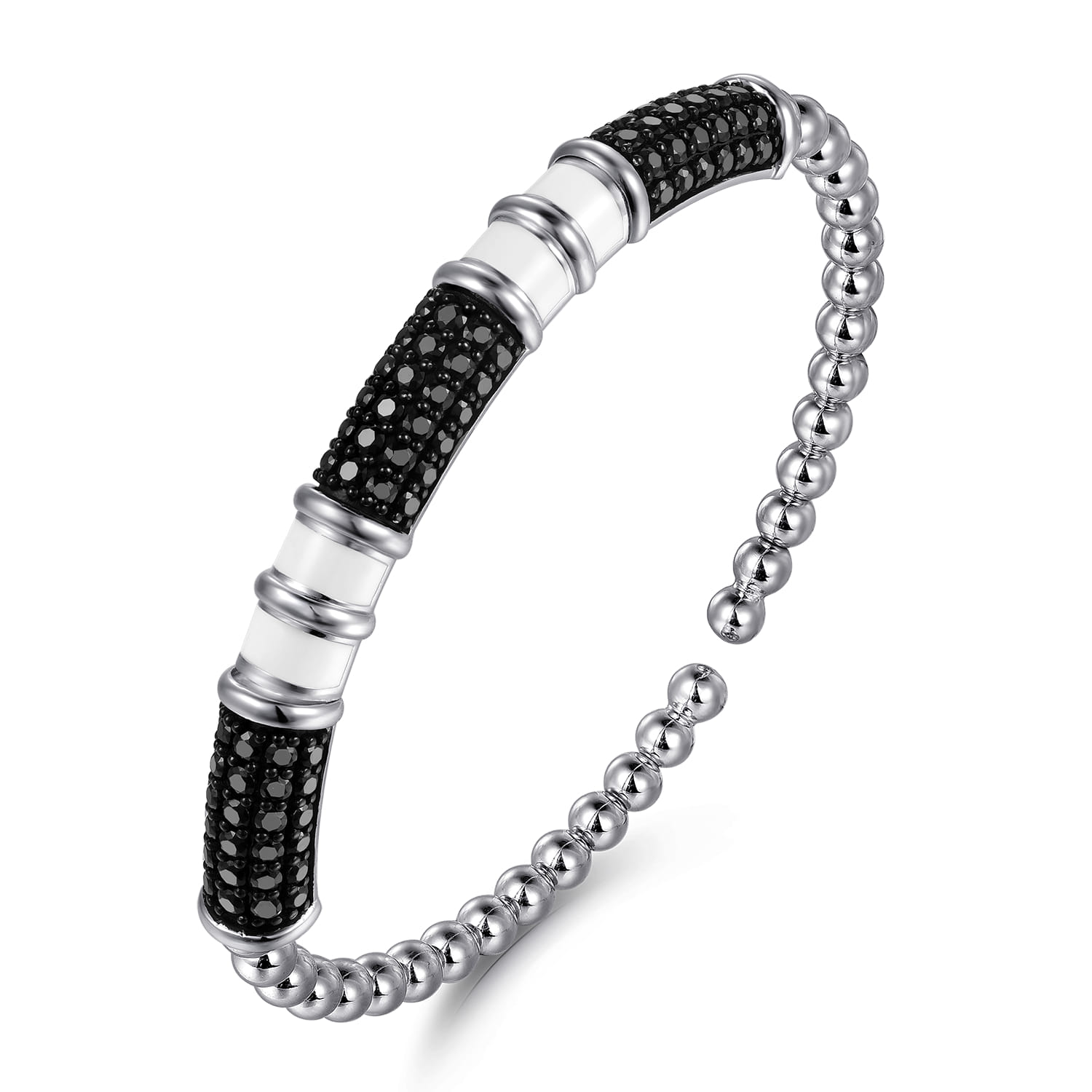 925 Sterling Silver Black Spinel Station Bujukan Open Bangle Bracelet with White Enamel - Shot 2