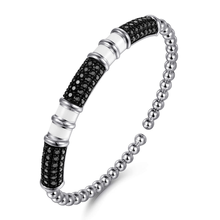 925 Sterling Silver Black Spinel Station Bujukan Open Bangle Bracelet with White Enamel - Shot 2