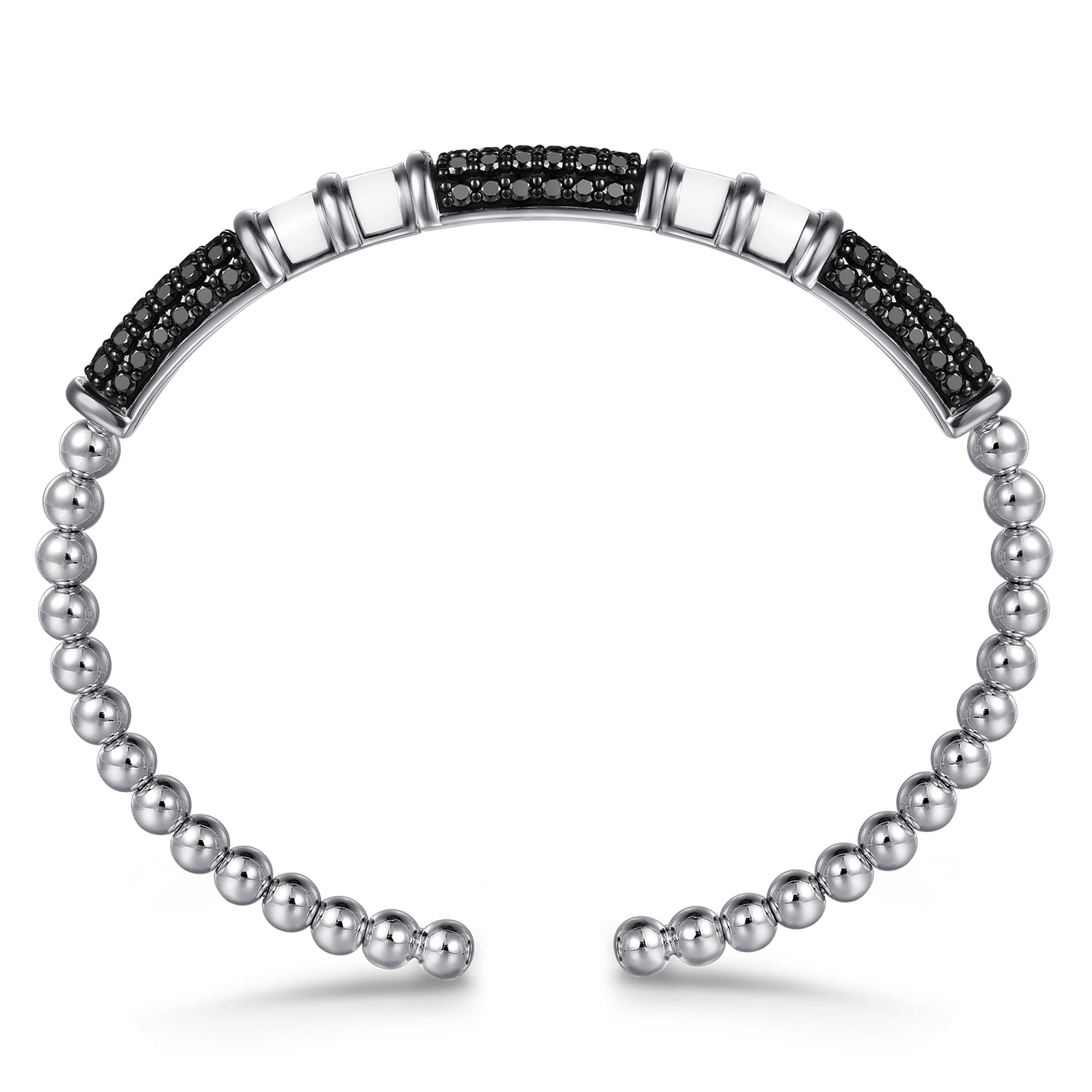 925 Sterling Silver Black Spinel Station Bujukan Open Bangle Bracelet with White Enamel - Shot 3