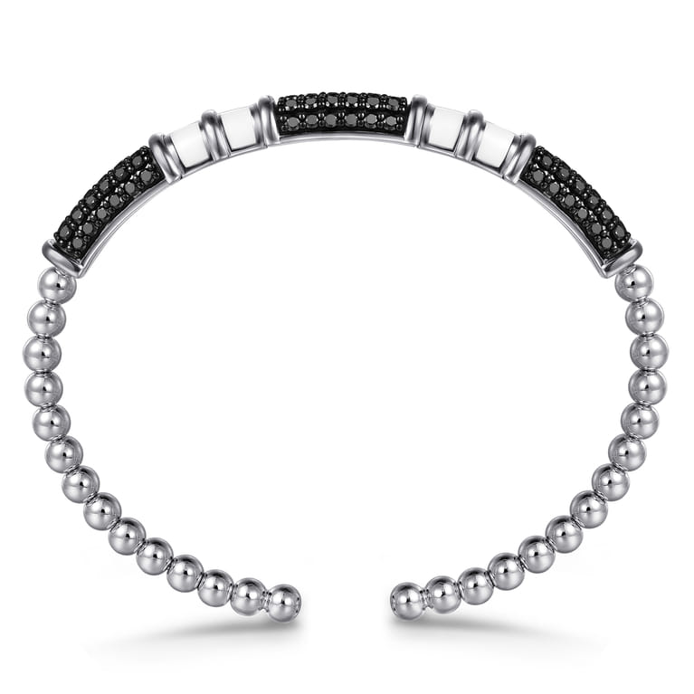 925 Sterling Silver Black Spinel Station Bujukan Open Bangle Bracelet with White Enamel - Shot 3