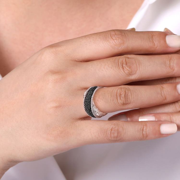 925 Sterling Silver Black Spinel Wide Dual Band Ring
