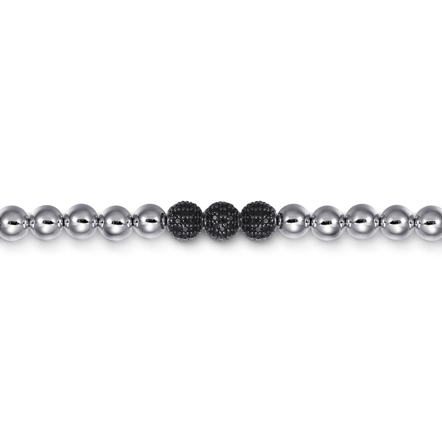 925 Sterling Silver Black Spinel and 6mm Silver Beaded Mens Bracelet