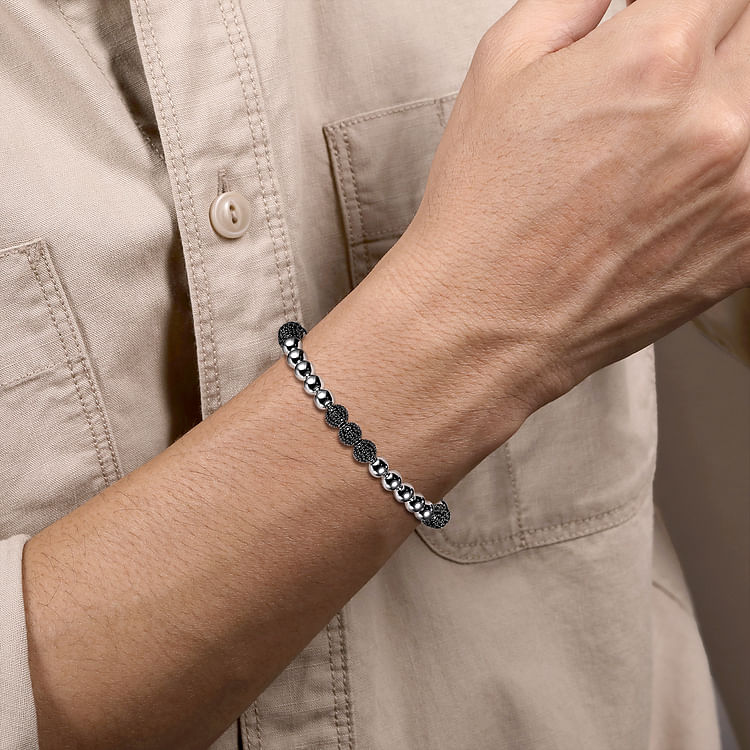 925 Sterling Silver Black Spinel and 6mm Silver Beaded Mens Bracelet