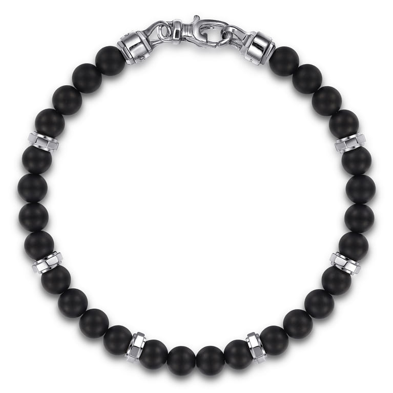 925 Sterling Silver Black Titanium Beaded Bracelet 6mm - Shot 1