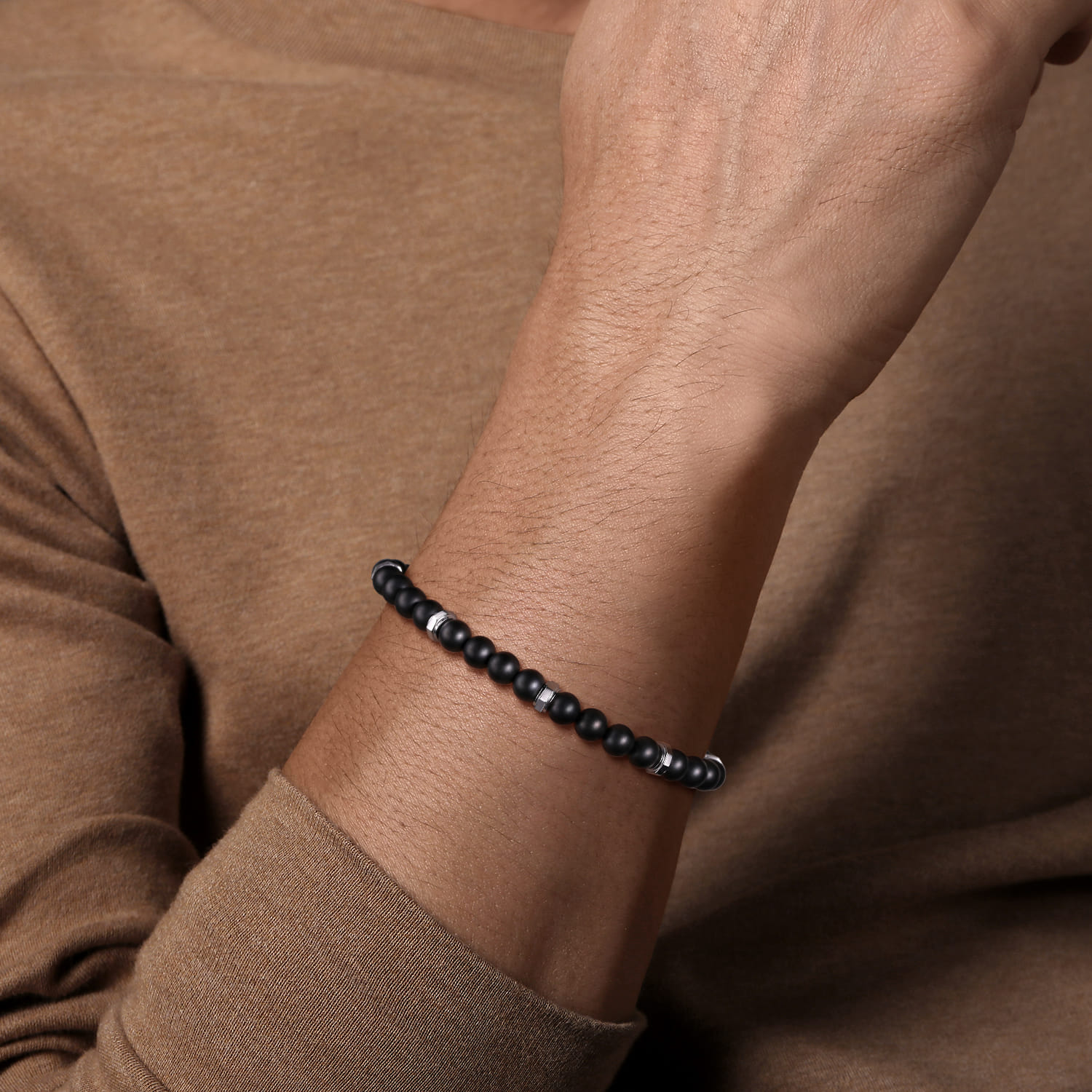 925 Sterling Silver Black Titanium Beaded Bracelet 6mm - Shot 3